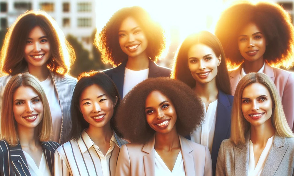Blog - Group of Woman Smiling and Standing Together for a Group Photo With A Ray of Sun and Buildings in the Background